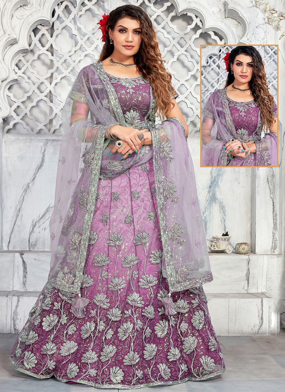 Lehenga Choli Net Purple Embroidered Lehenga Choli