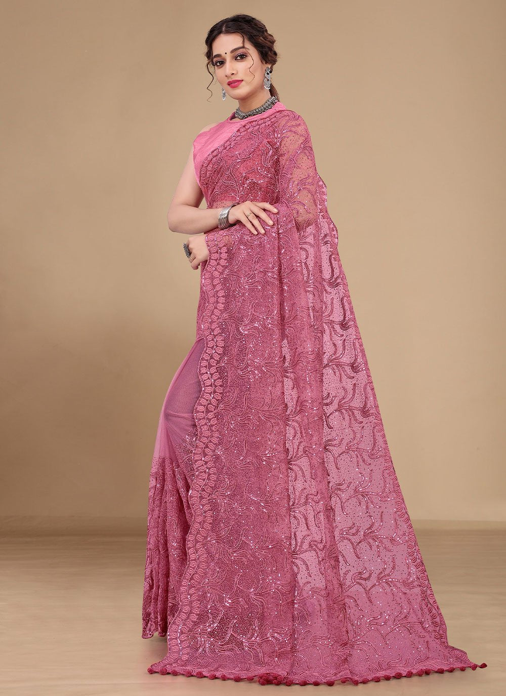 Trendy Saree Net Pink Embroidered Saree