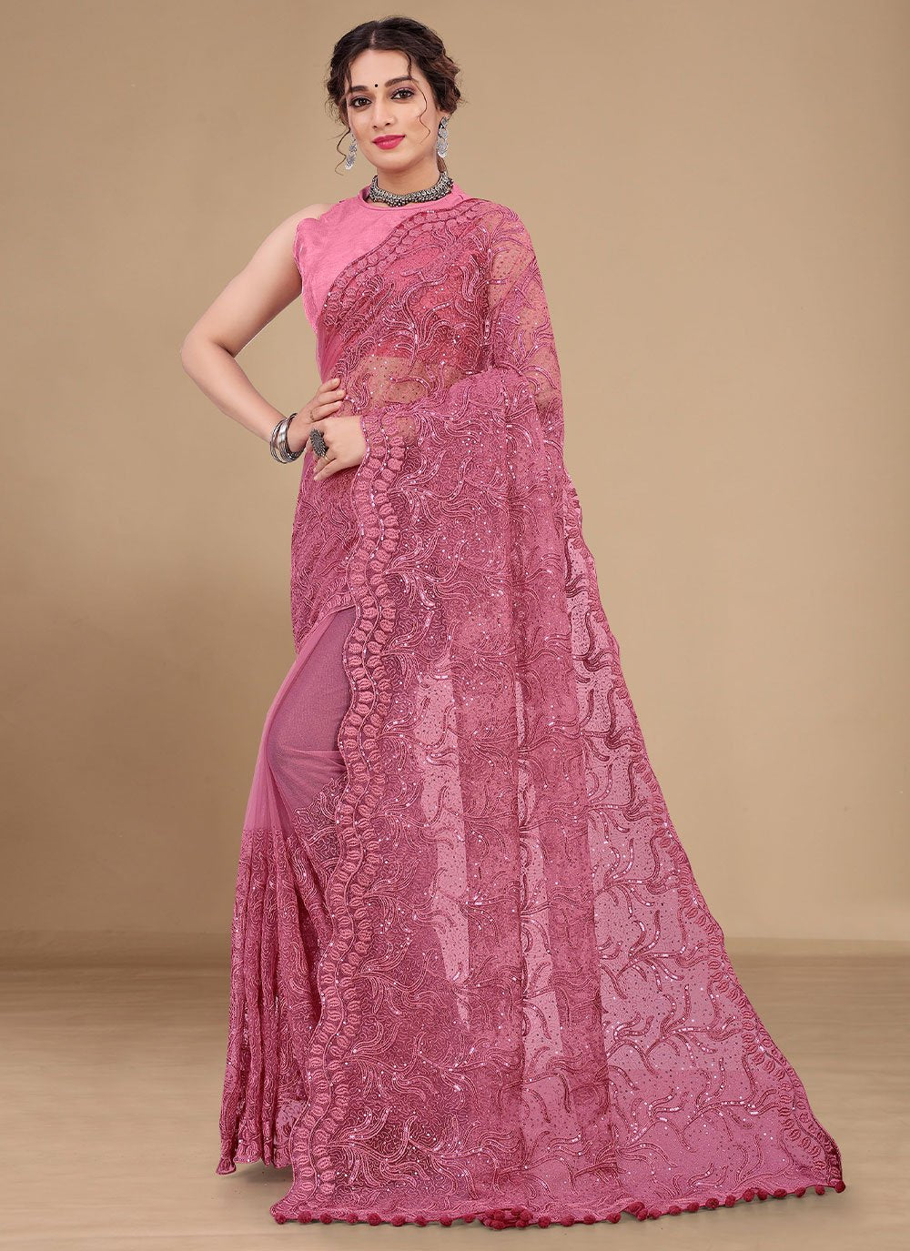 Trendy Saree Net Pink Embroidered Saree