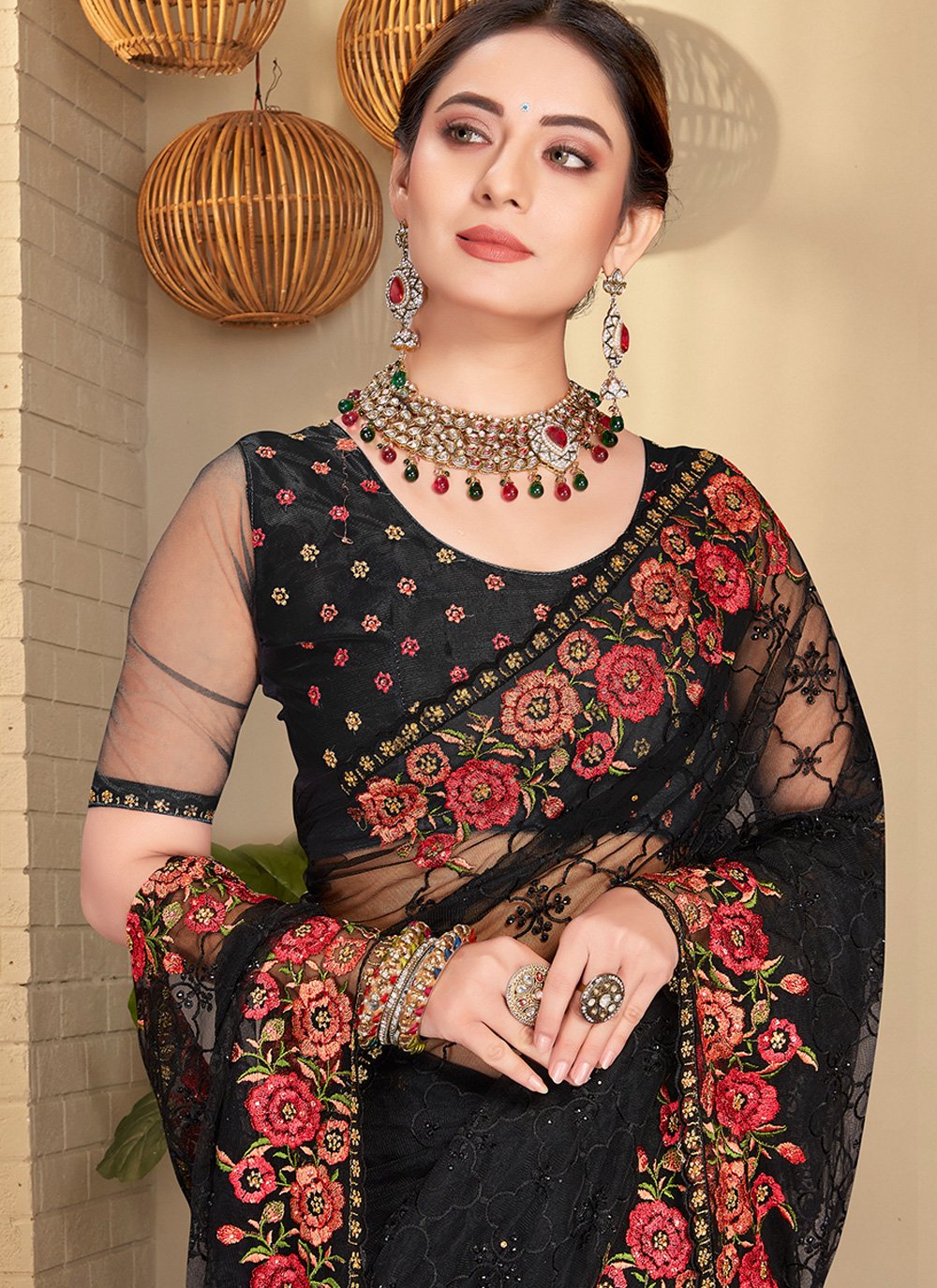 Trendy Saree Net Black Embroidered Saree