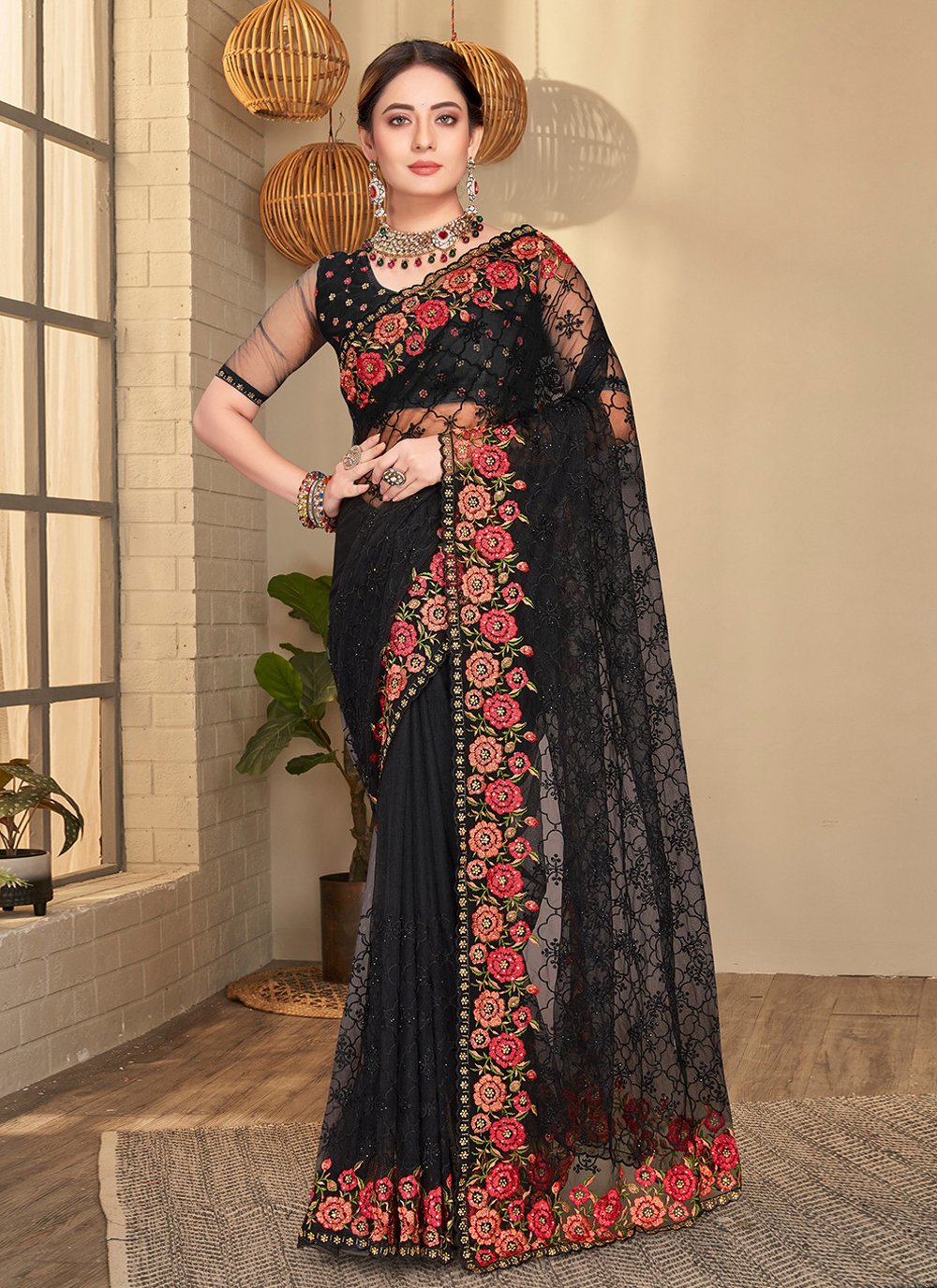 Trendy Saree Net Black Embroidered Saree