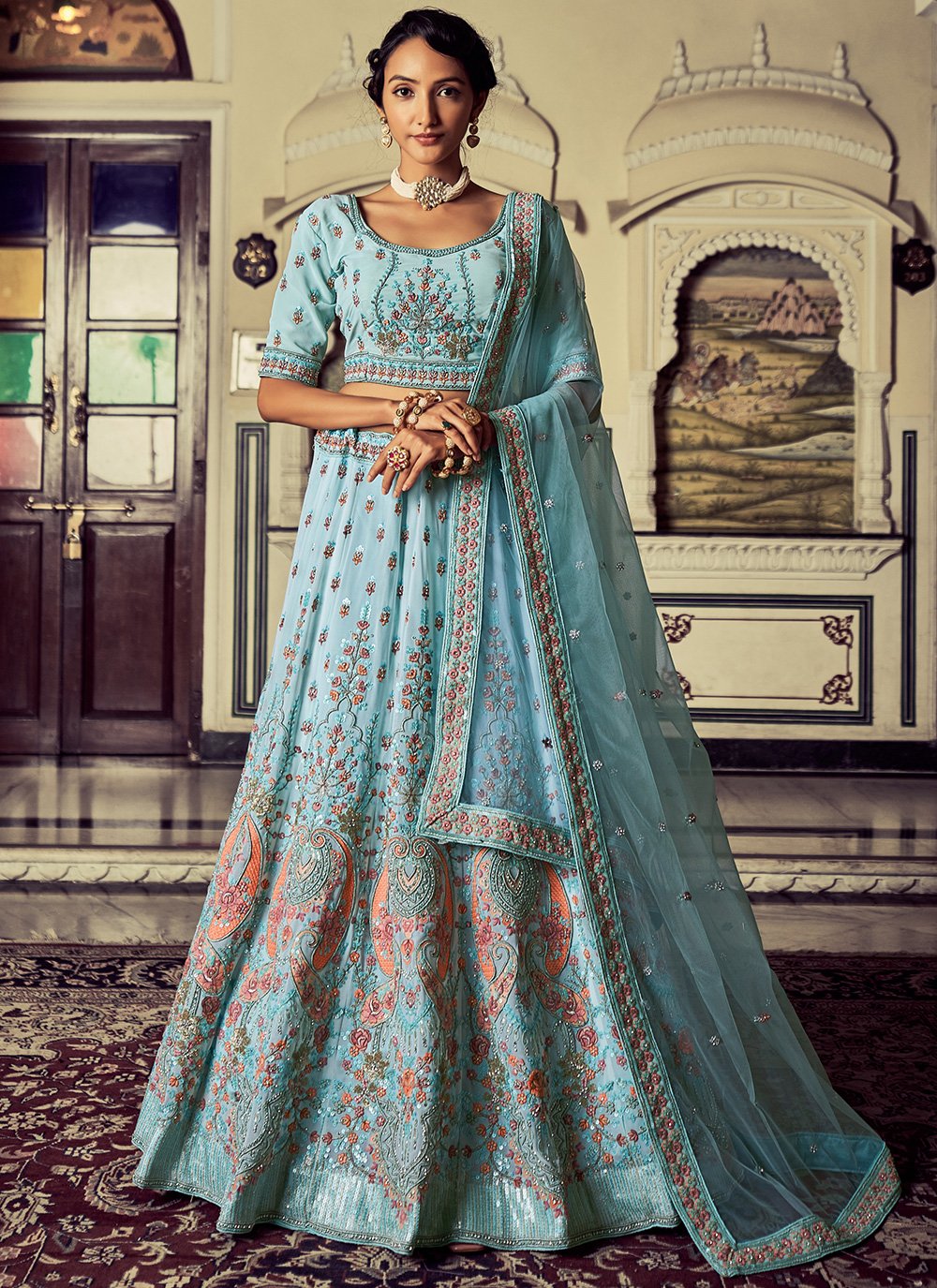 A Line Lehenga Net Aqua Blue Sequins Lehenga Choli