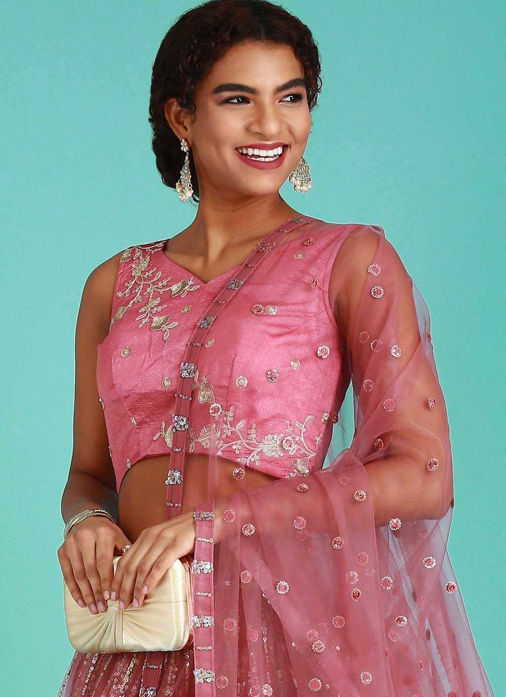 Lehenga Choli Net Pink Embroidered Lehenga Choli