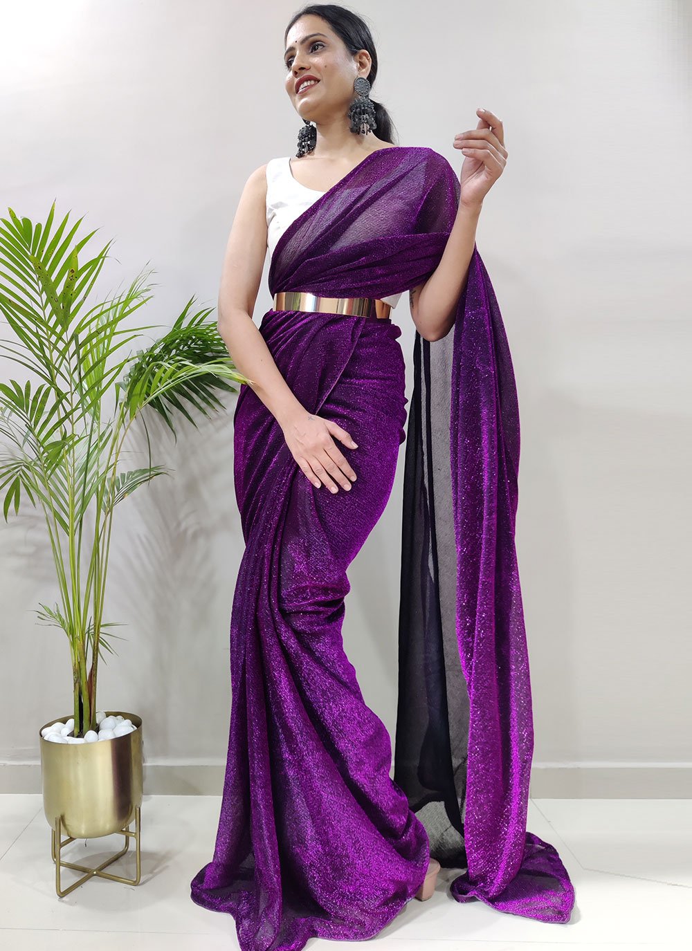 Classic Net Purple Fancy Work Saree