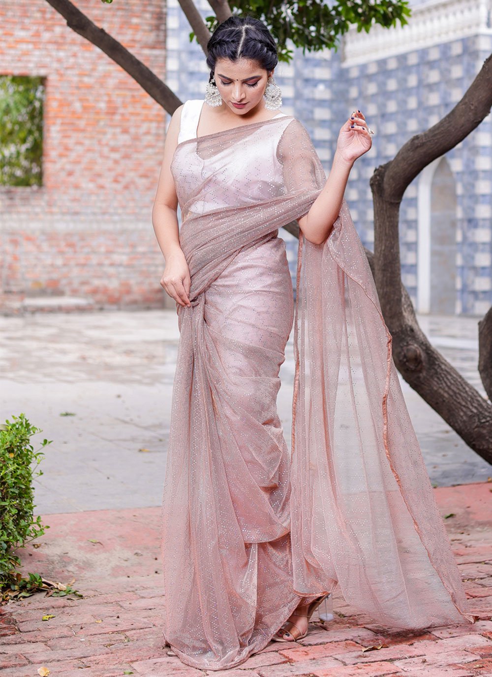 Contemporary Net Peach Fancy Work Saree