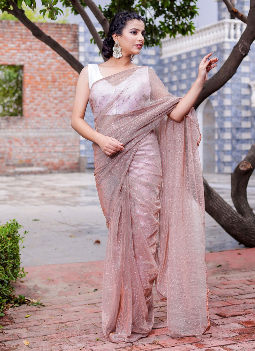 Contemporary Net Peach Fancy Work Saree