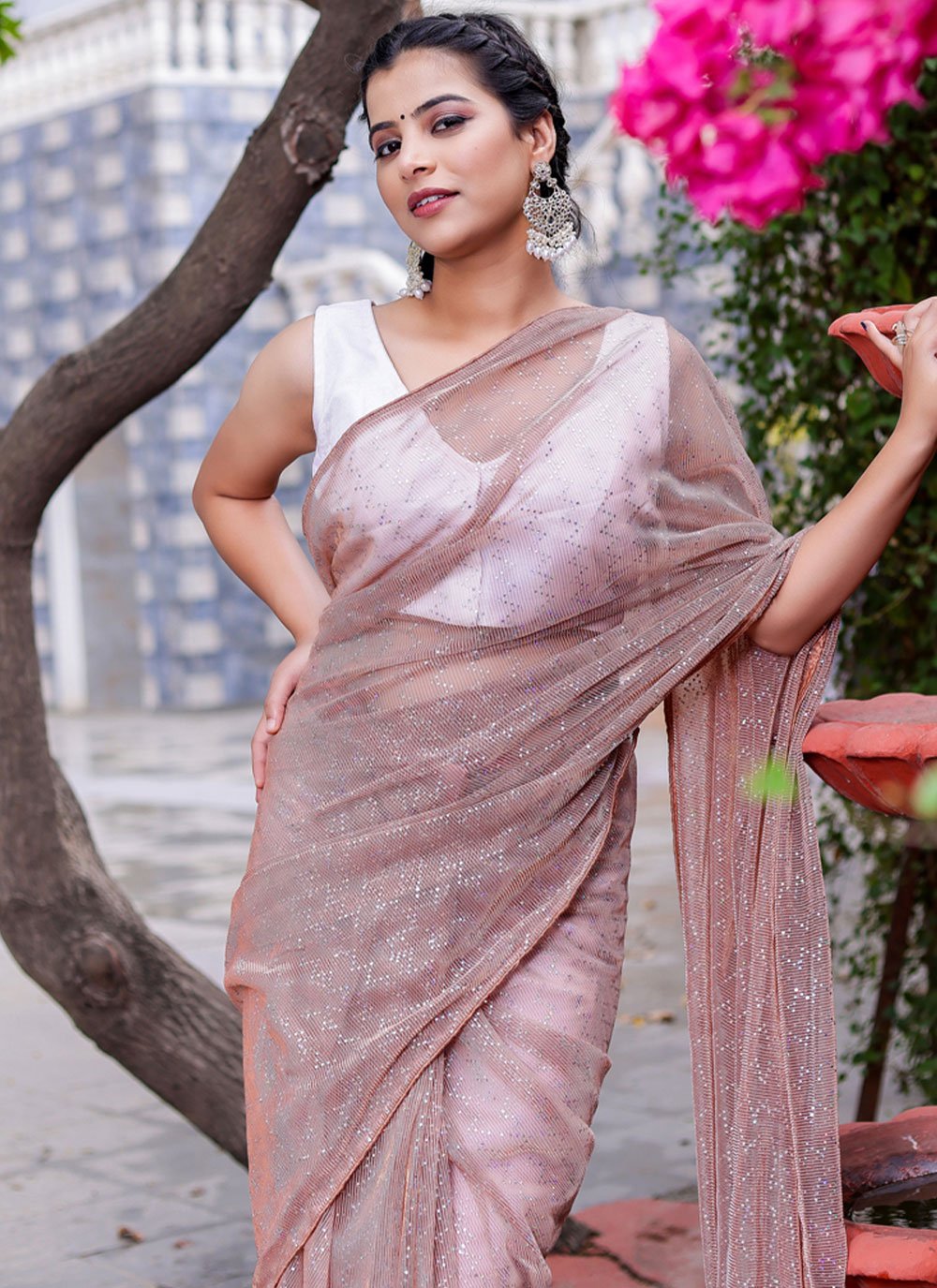 Contemporary Net Peach Fancy Work Saree