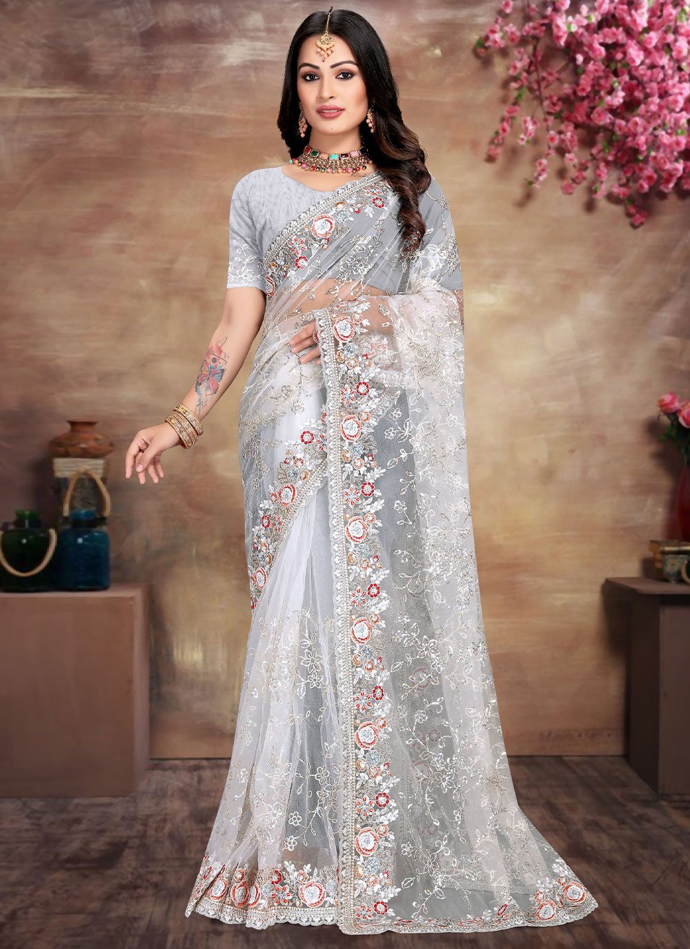 Classic Net White Cord Work Saree