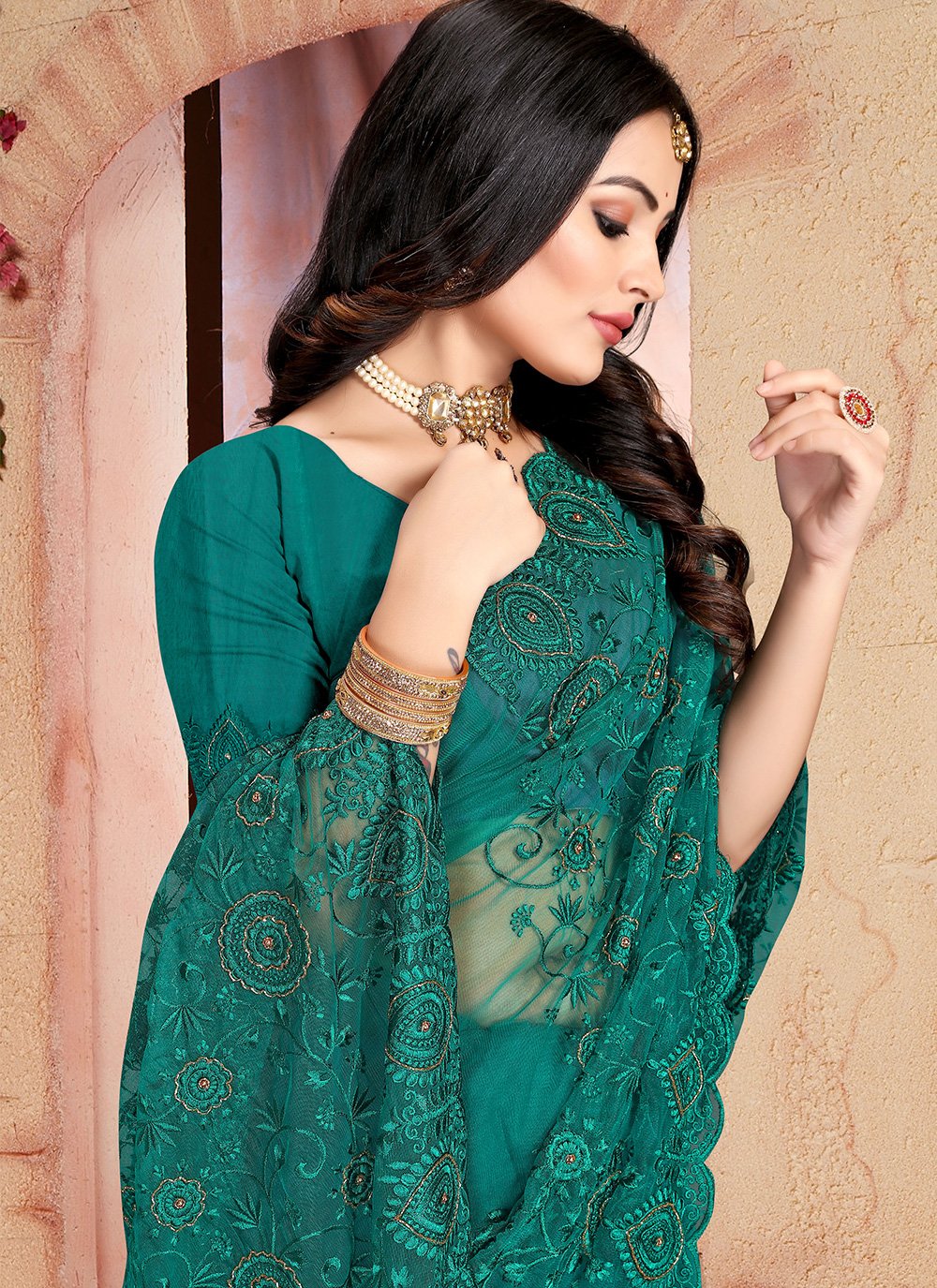 Classic Net Teal Embroidered Saree