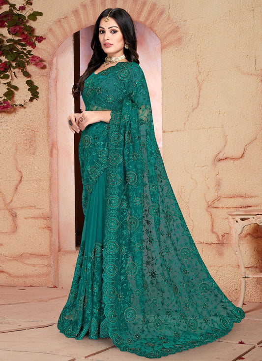 Classic Net Teal Embroidered Saree