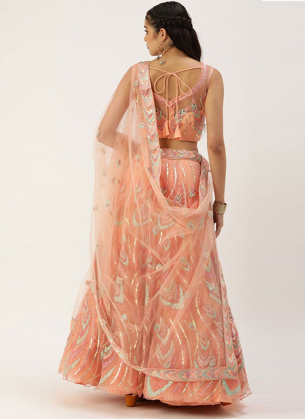 A Line Lehenga Net Peach Dori Work Lehenga Choli