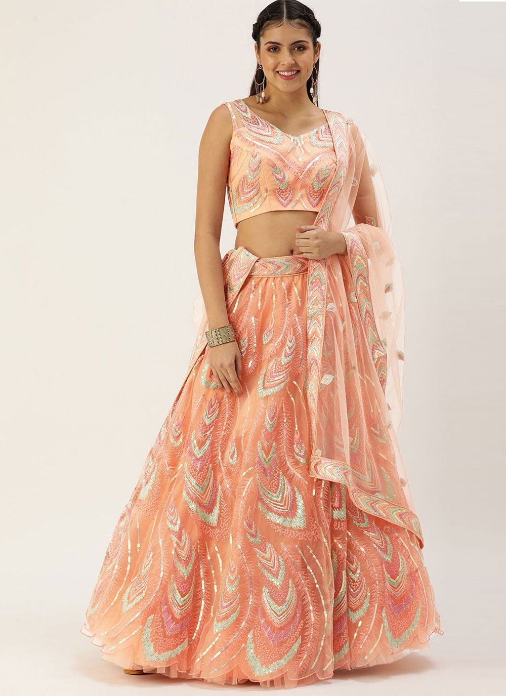 A Line Lehenga Net Peach Dori Work Lehenga Choli