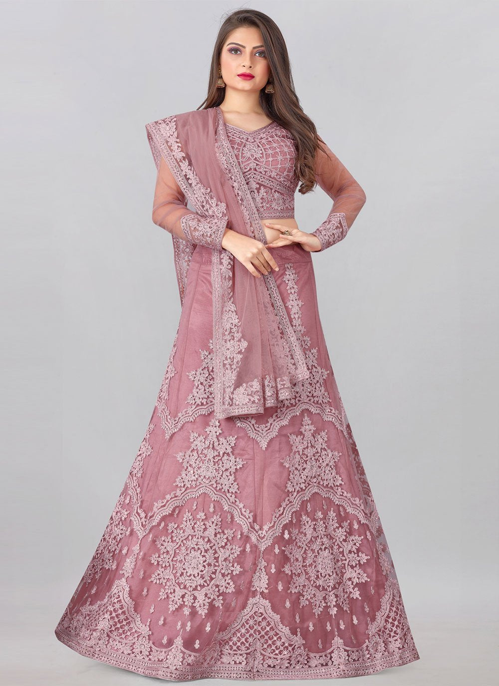 Lehenga Choli Net Mauve Embroidered Lehenga Choli