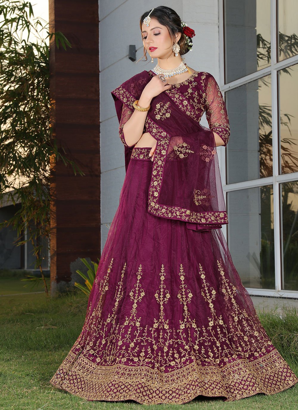 Lehenga Choli Net Purple Cord Work Lehenga Choli