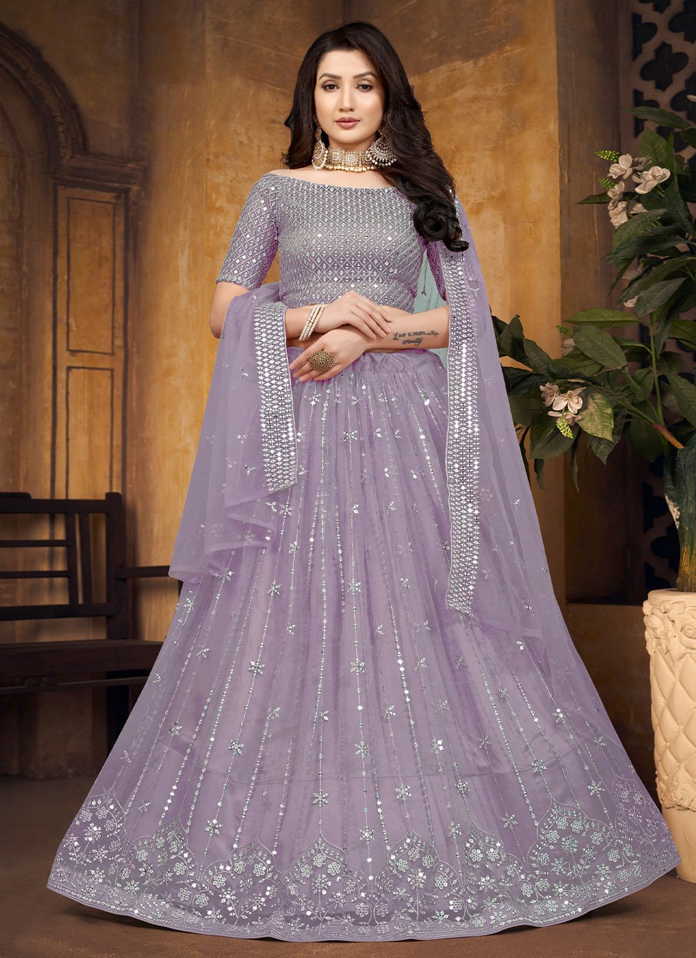 Lehenga Choli Net Lavender Embroidered Lehenga Choli