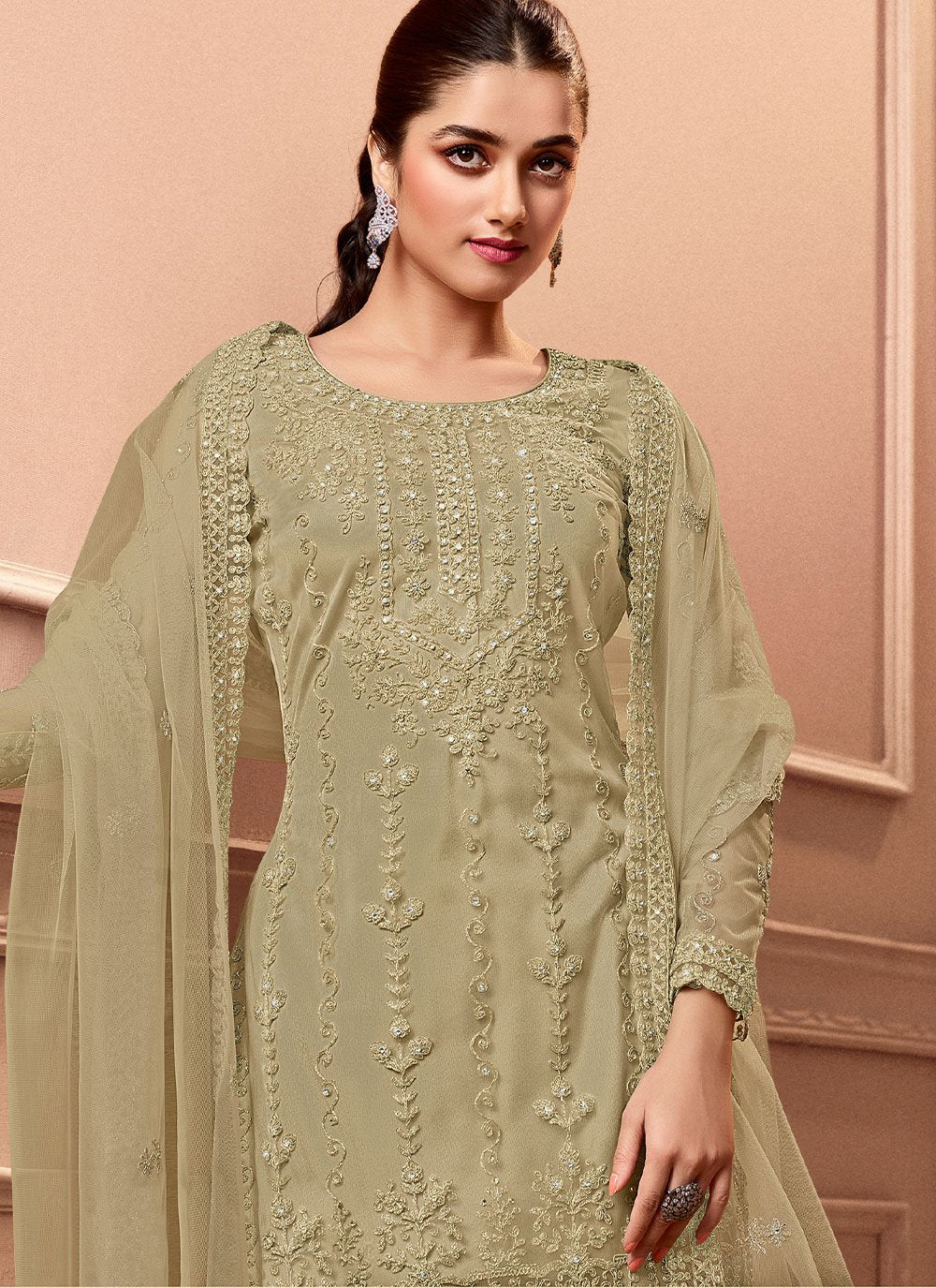 Pakistani Salwar Suit Net Green Embroidered Salwar Kameez