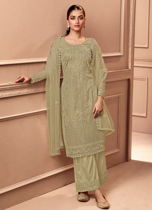 Pakistani Salwar Suit Net Green Embroidered Salwar Kameez