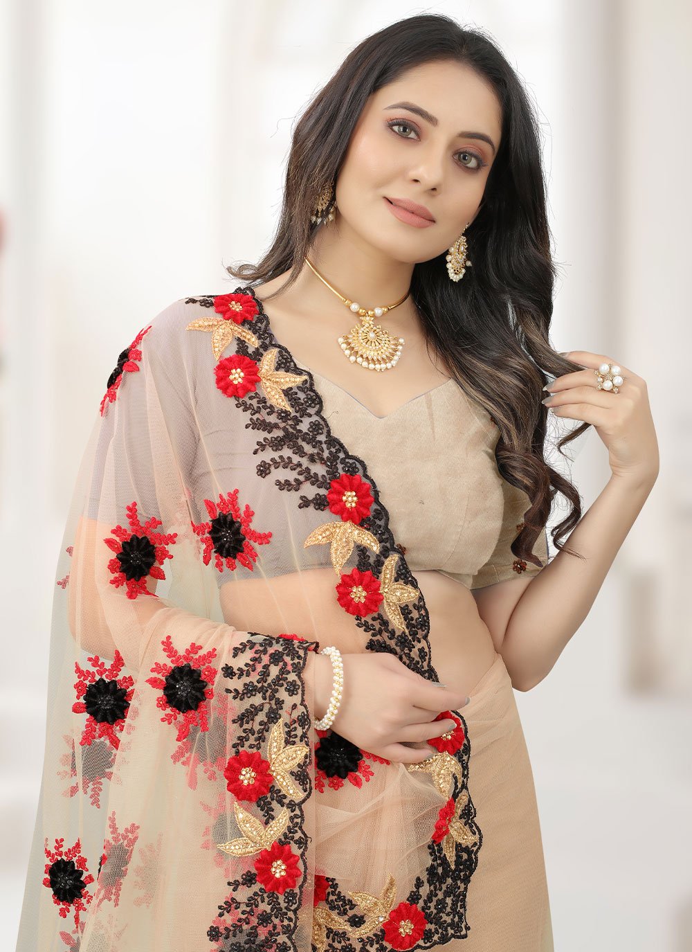 Classic Net Brown Embroidered Saree