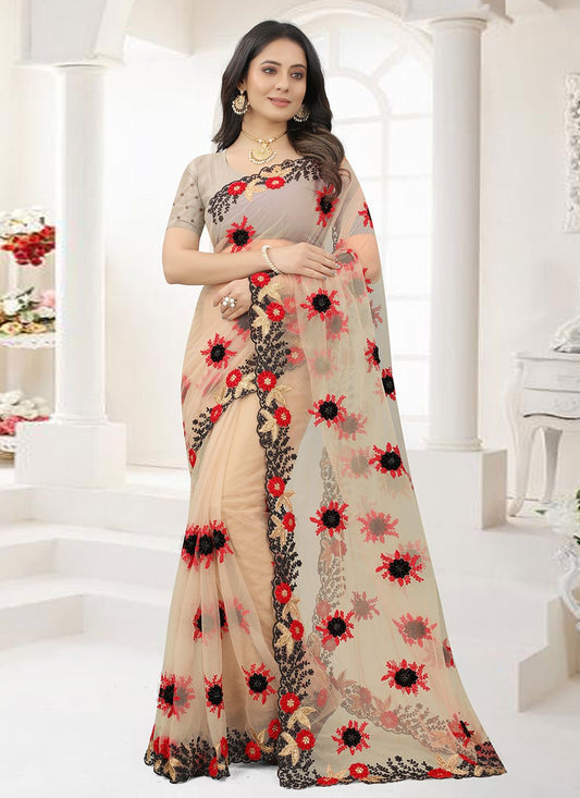 Classic Net Brown Embroidered Saree