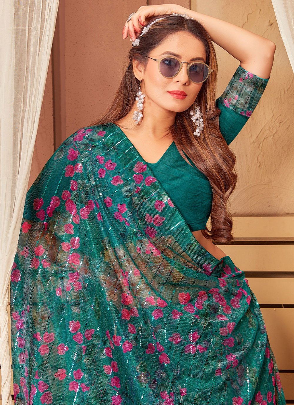 Classic Net Teal Digital Print Saree