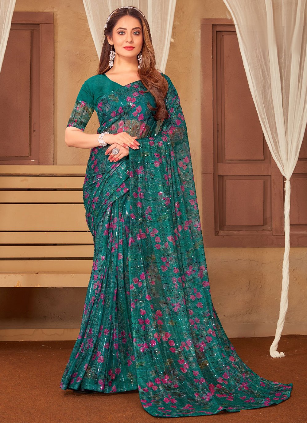 Classic Net Teal Digital Print Saree