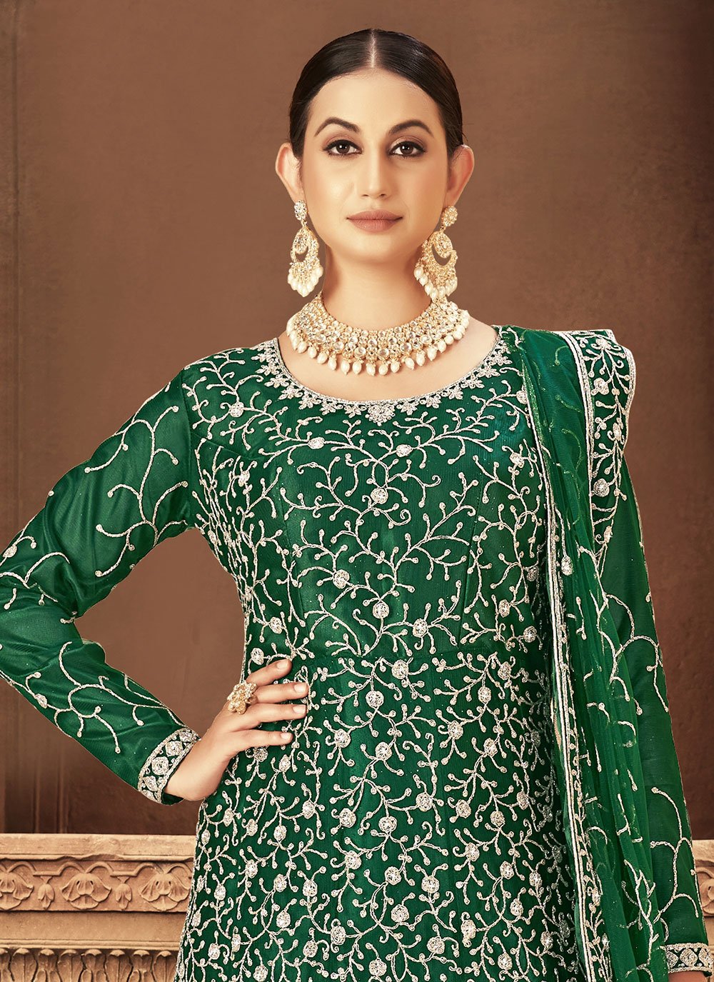 Floor Lenght Salwar Suit Net Green Diamond Salwar Kameez