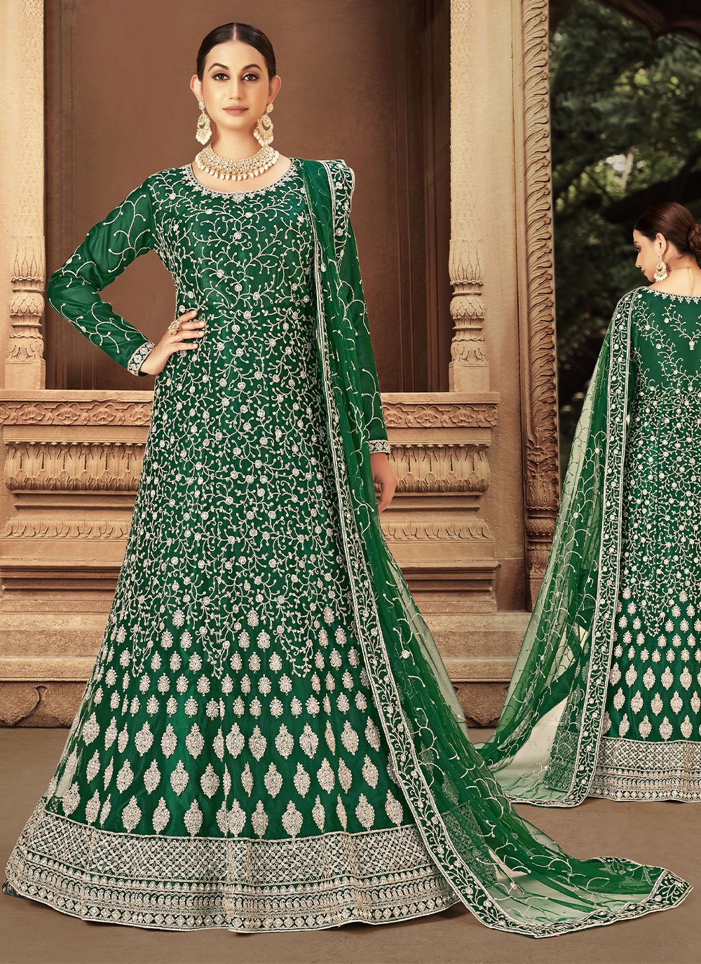 Floor Lenght Salwar Suit Net Green Diamond Salwar Kameez
