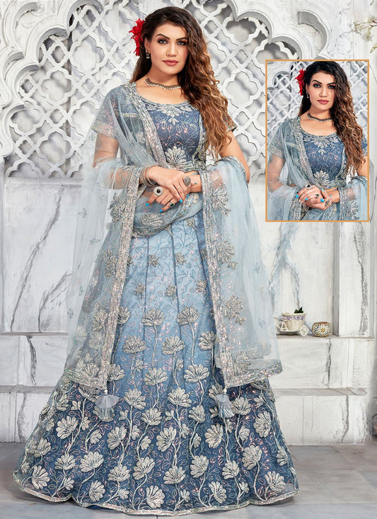 A Line Lehenga Net Blue Embroidered Lehenga Choli