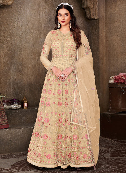 Floor Lenght Salwar Suit Net Gold Embroidered Salwar Kameez