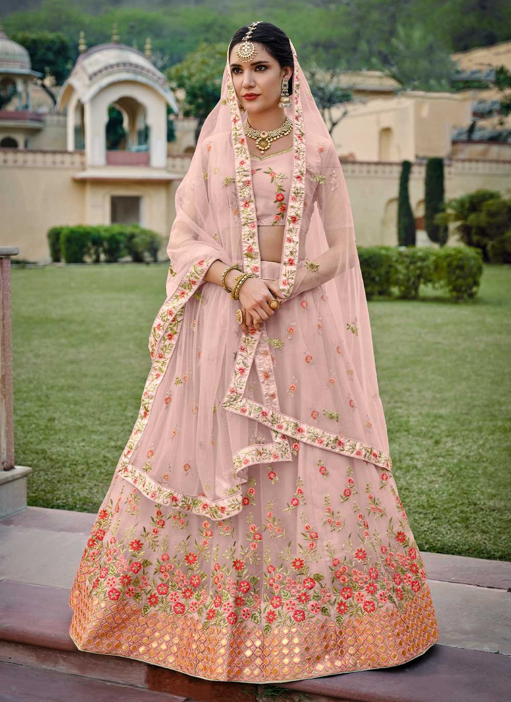 Lehenga Choli Net Pink Embroidered Lehenga Choli