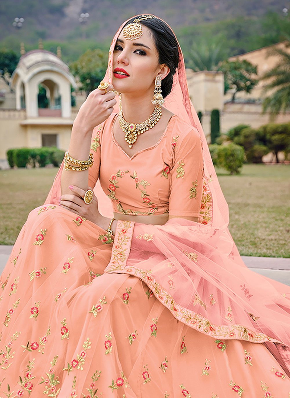 A Line Lehenga Net Satin Silk Peach Diamond Lehenga Choli