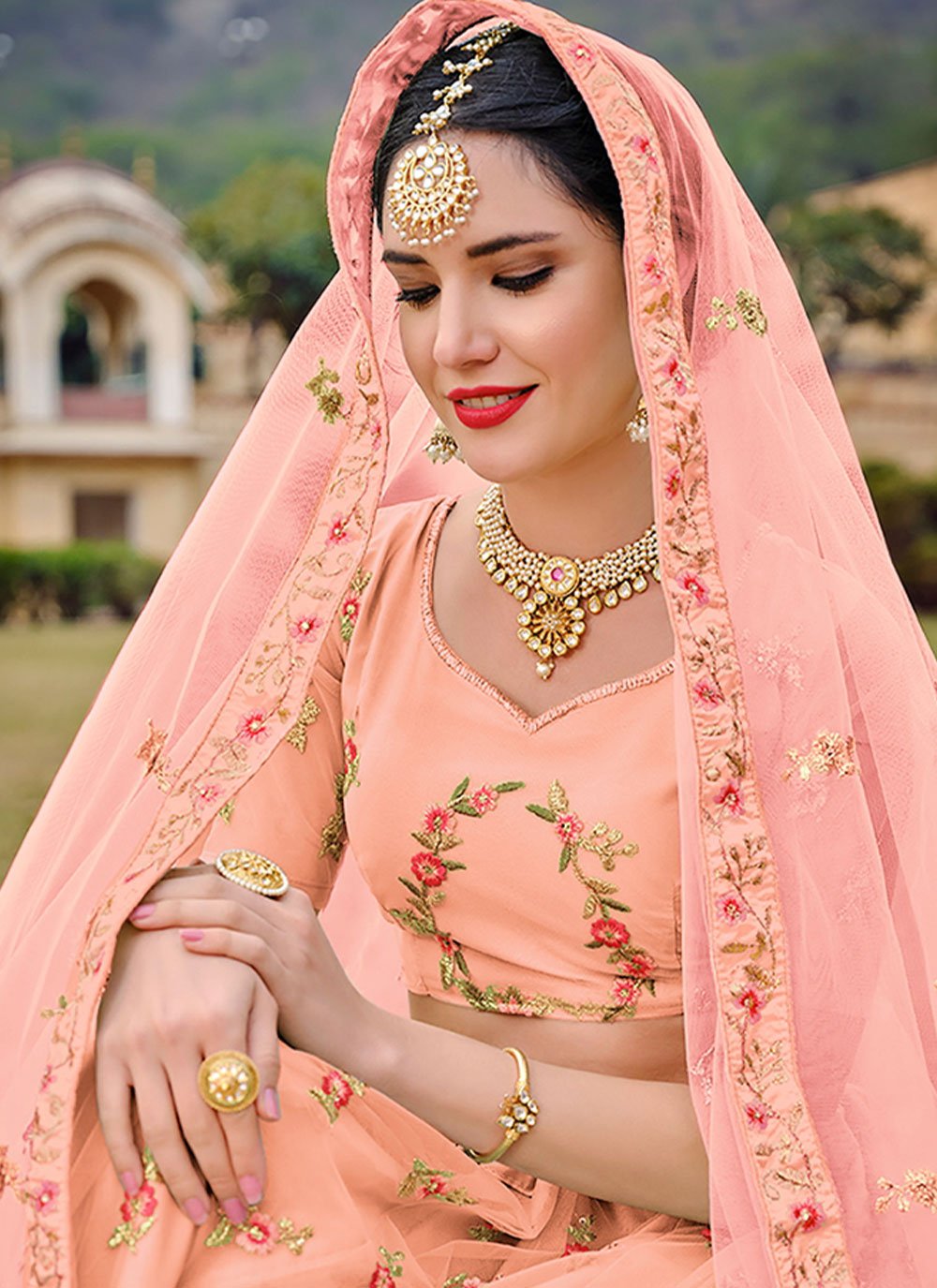 A Line Lehenga Net Satin Silk Peach Diamond Lehenga Choli