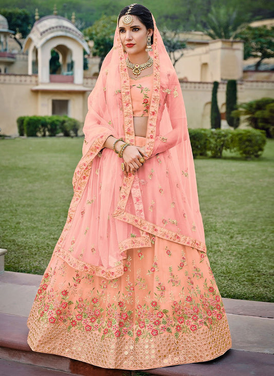 A Line Lehenga Net Satin Silk Peach Diamond Lehenga Choli