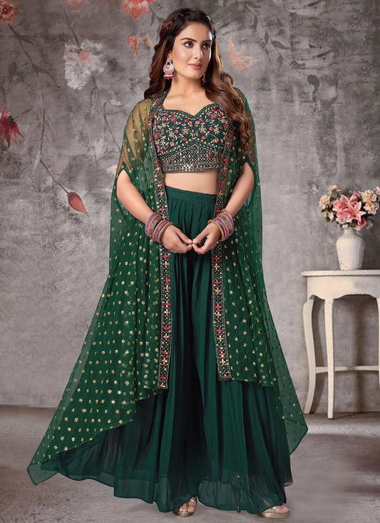 Palazzo Salwar Suit Art Silk Net Green Embroidered Salwar Kameez