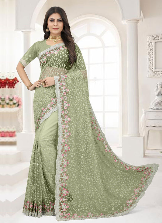 Contemporary Net Green Embroidered Saree