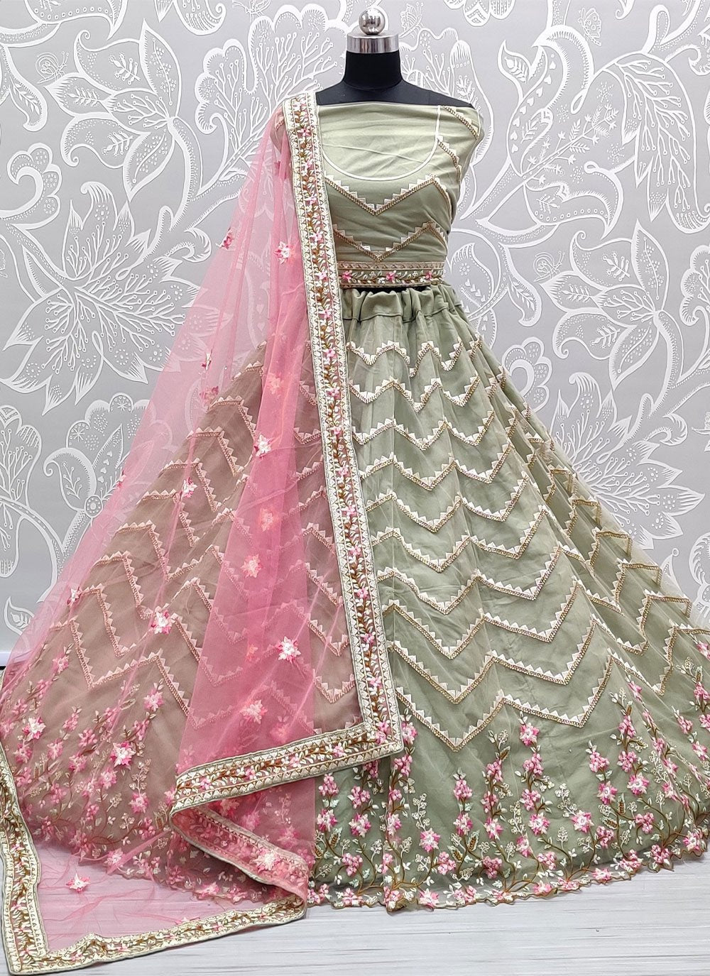 Lehenga Choli Net Green Diamond Lehenga Choli