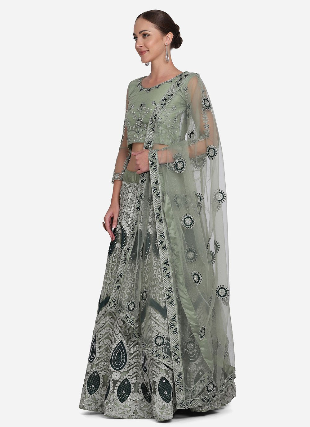 Lehenga Choli Net Green Embroidered Lehenga Choli