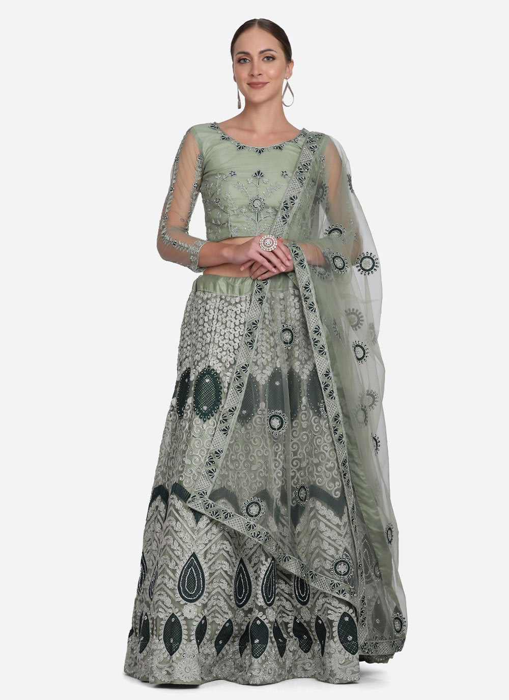 Lehenga Choli Net Green Embroidered Lehenga Choli