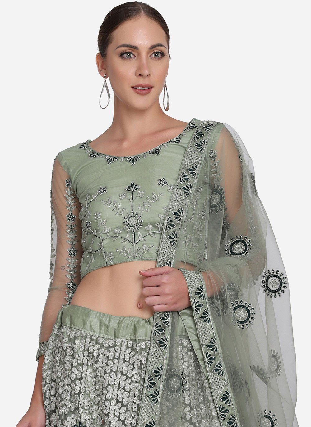 Lehenga Choli Net Green Embroidered Lehenga Choli