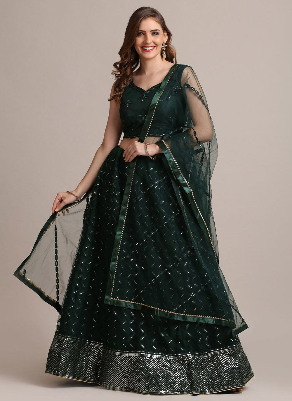 A Line Lehenga Net Green Fancy Work Lehenga Choli