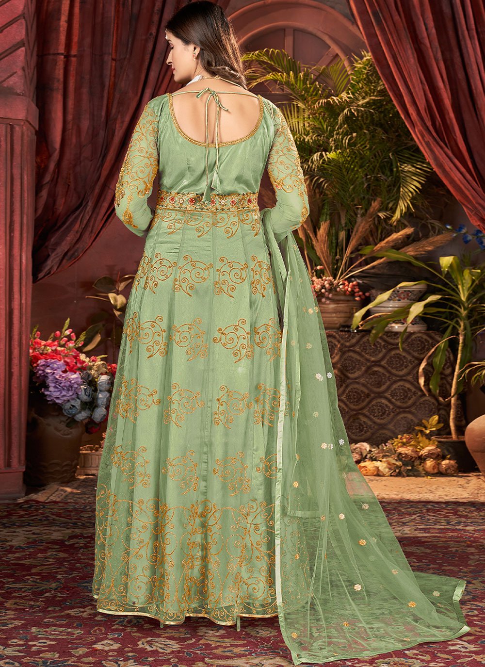 Floor Lenght Salwar Suit Net Green Embroidered Salwar Kameez