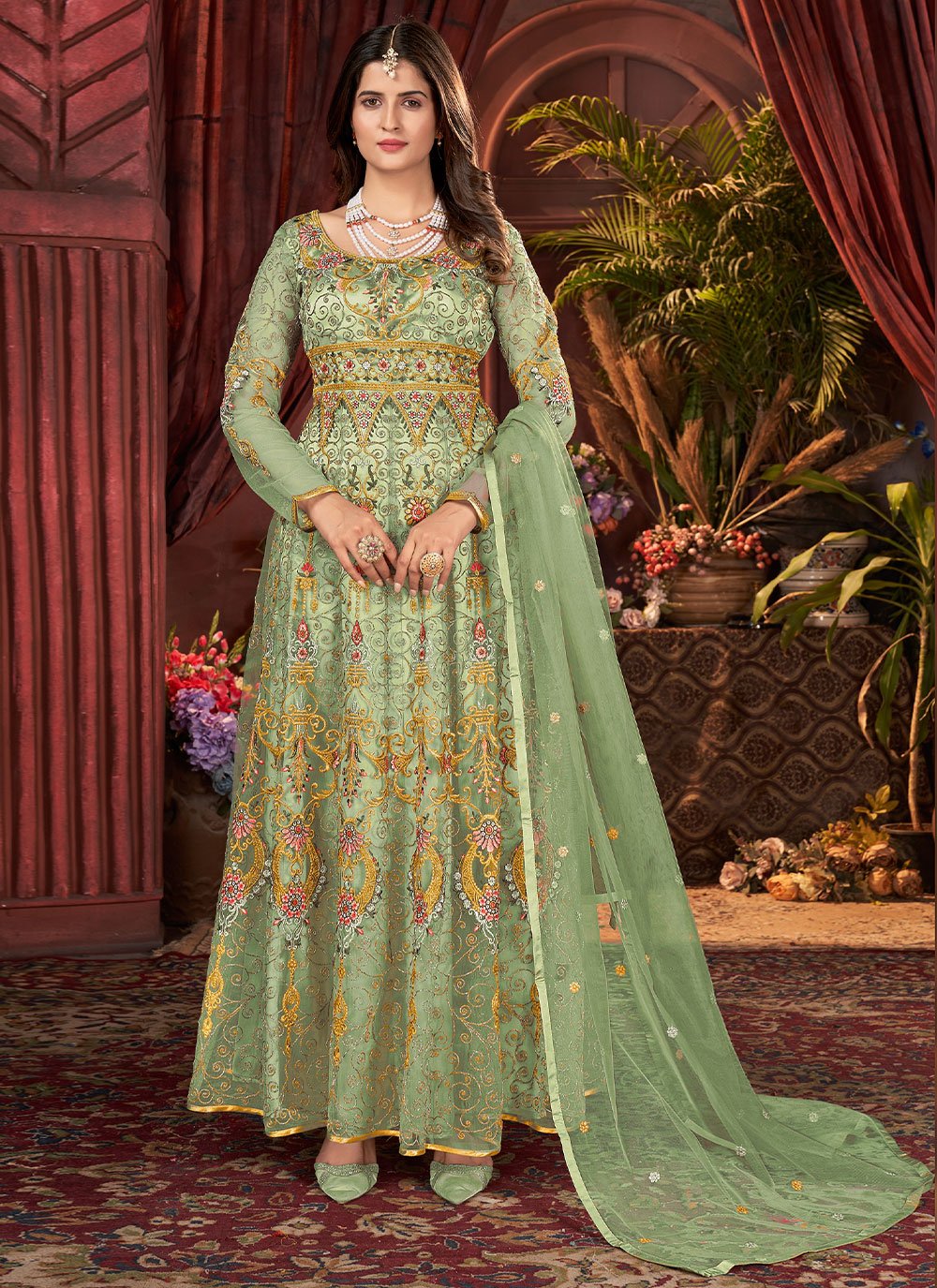 Floor Lenght Salwar Suit Net Green Embroidered Salwar Kameez