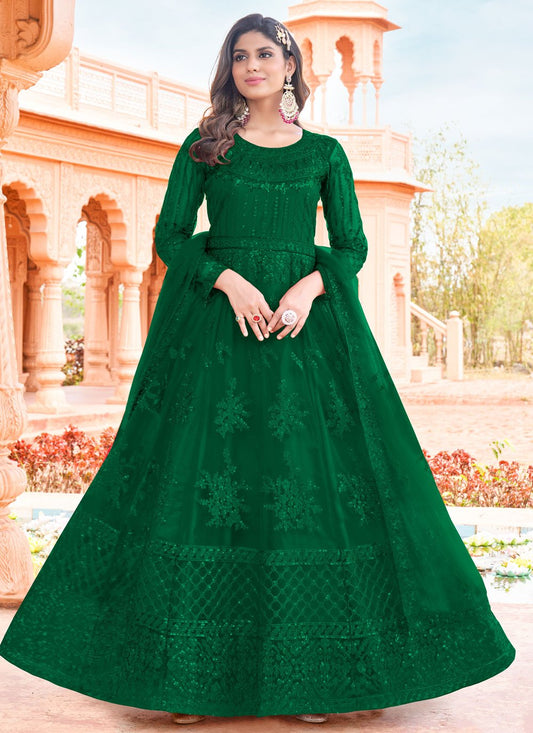 Floor Lenght Salwar Suit Net Green Embroidered Salwar Kameez