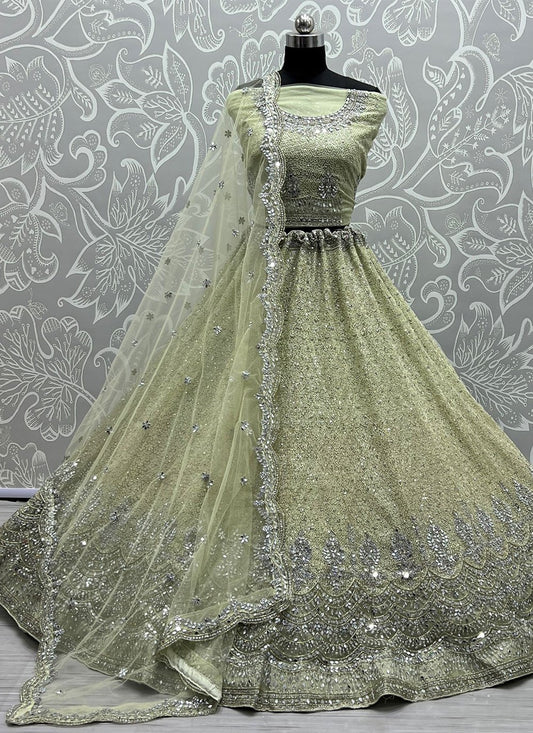 A Line Lehenga Net Green Embroidered Lehenga Choli