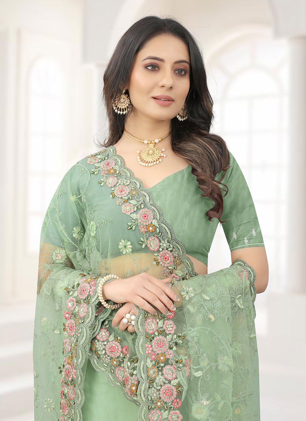 Classic Net Green Embroidered Saree