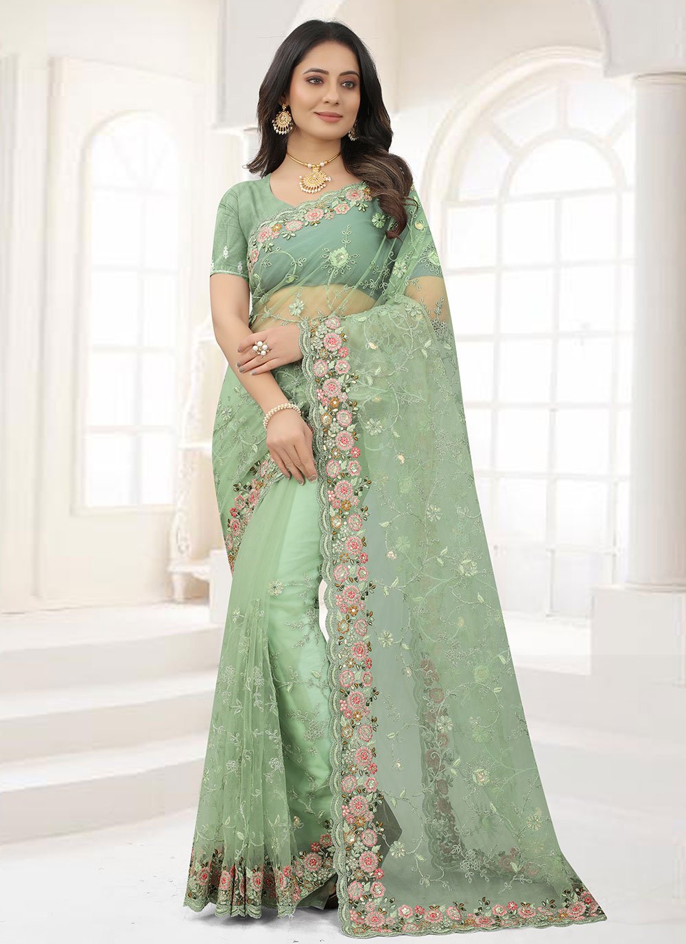 Classic Net Green Embroidered Saree