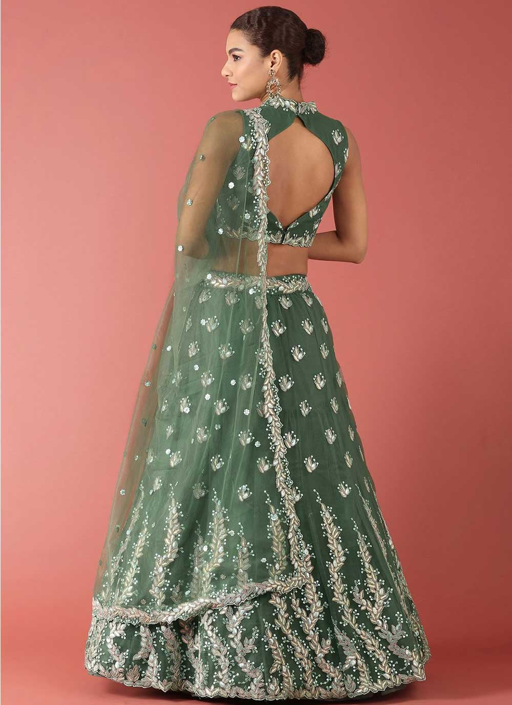 Lehenga Choli Net Green Embroidered Lehenga Choli