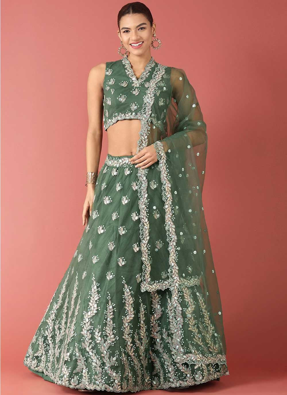 Lehenga Choli Net Green Embroidered Lehenga Choli