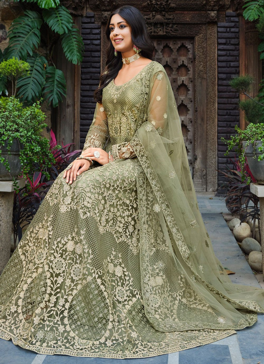 Salwar Suit Net Green Embroidered Salwar Kameez