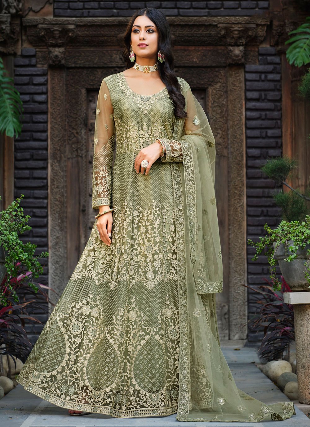 Salwar Suit Net Green Embroidered Salwar Kameez